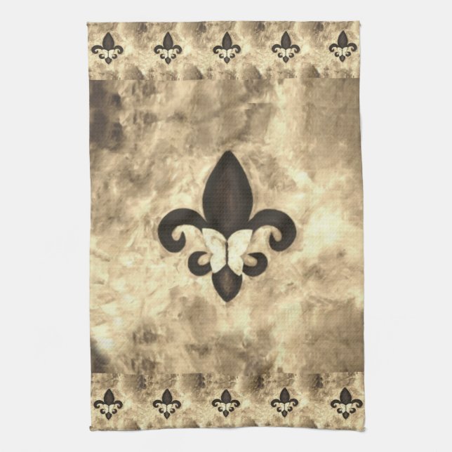 Sepia Butterfleur | Tan Butterfly on Fleur de Lis Kitchen Towel (Vertical)