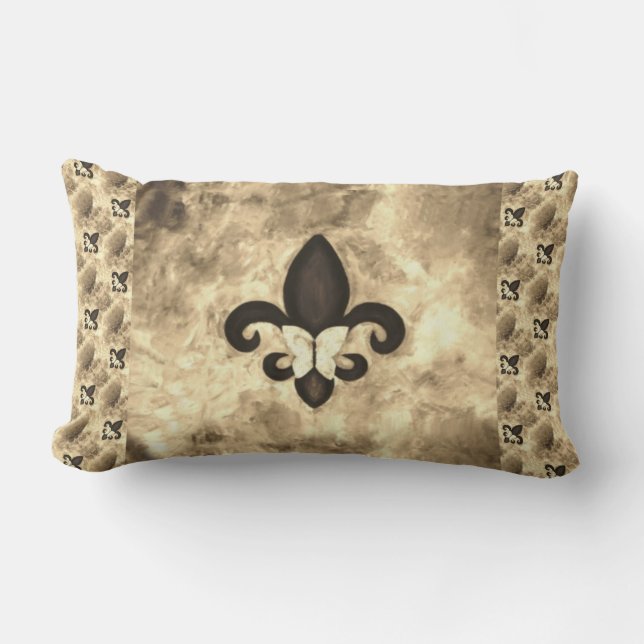 Sepia Butterfleur | Tan Butterfly on Fleur de Lis Lumbar Pillow (Front)