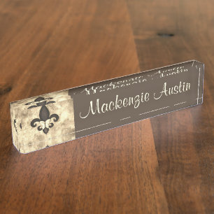 Sepia Butterfleur   Tan Butterfly on Fleur de Lis Nameplate