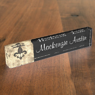Sepia Butterfleur   Tan Butterfly on Fleur de Lis Nameplate