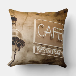 Sepia cafe sign, Paris, France Throw Pillow