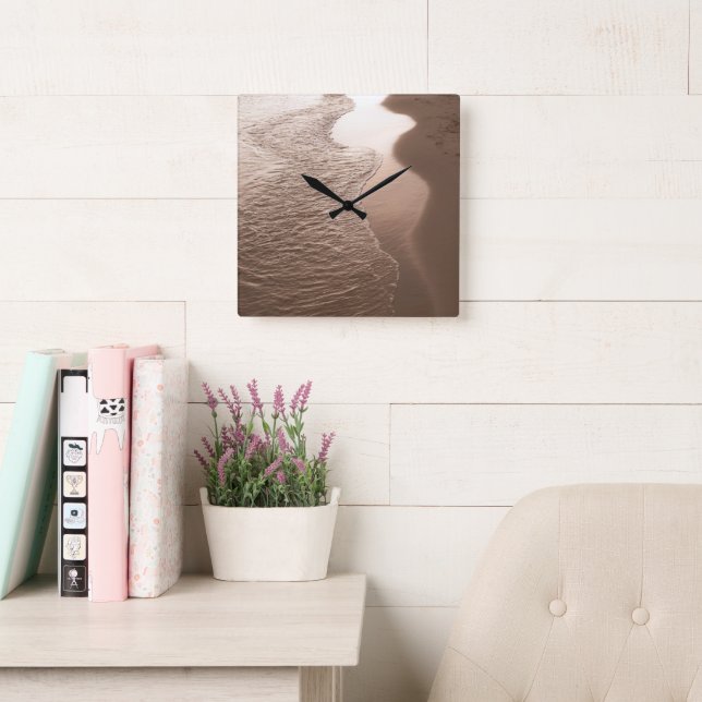 Sepia Caribbean Shoreline Waves 1 Square Wall Clock (Reading Room)