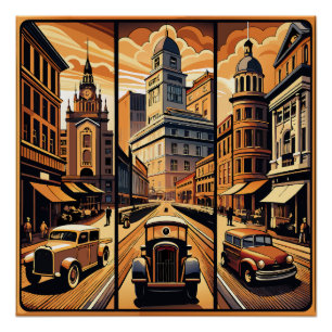 Sepia Cityscape Triptych Poster
