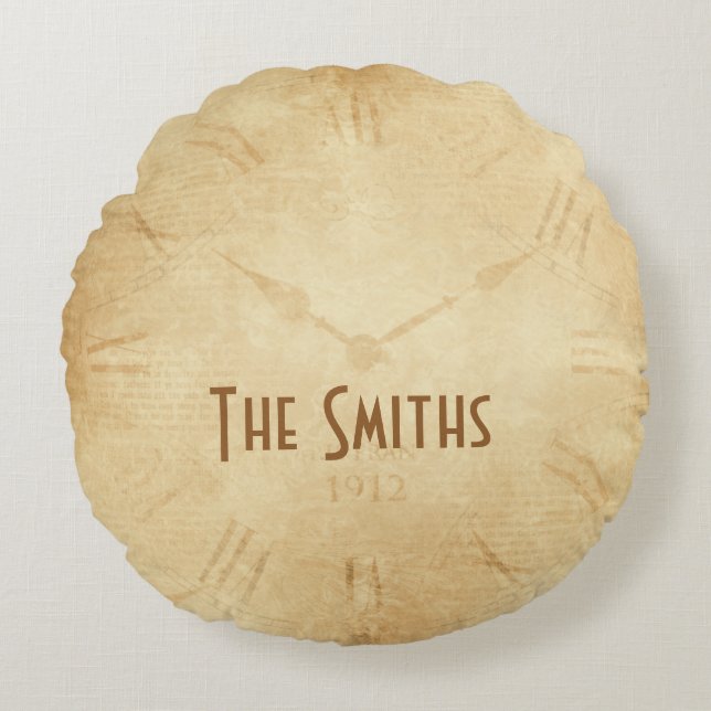 Sepia Clock Face Steampunk Round Pillow (Front)