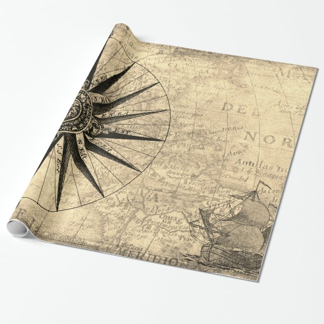 Sepia Compass Sailing Ship Discovery Age World Map Wrapping Paper (Unrolled)