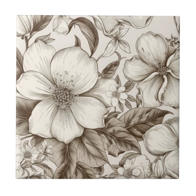 Sepia Cottagecore Floral Garden Cream Vintage Tile (Front)