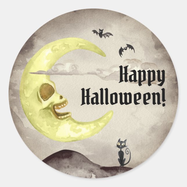 Sepia Creepy Moon Bats Black Cat Halloween Classic Round Sticker (Front)