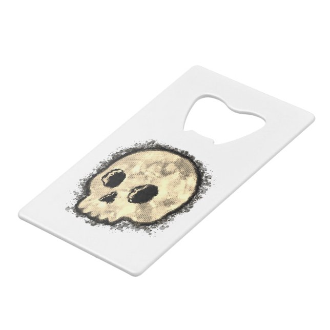 Sepia Dotted Halftone Skull Watercolor Credit Card Bottle Opener (Front Angled)