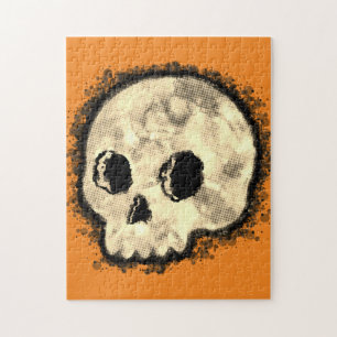 Sepia Dotted Halftone Skull Watercolor Jigsaw Puzzle
