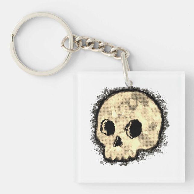 Sepia Dotted Halftone Skull Watercolor Keychain (Front)
