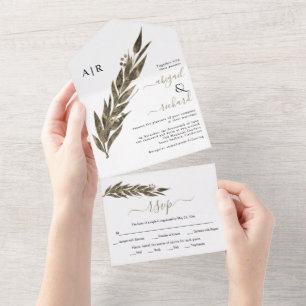 Sepia eucalyptus branch winter wedding all in one invitation