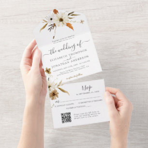 Sepia Fall Floral Cream Daisy Wild QR RSVP Wedding All In One Invitation