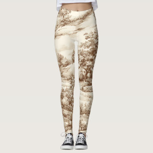 Sepia Farmhouse Pumpkin Toile Harvest Pattern Leggings