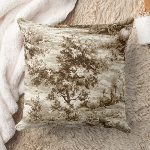Sepia Farmhouse Pumpkin Toile Harvest Pattern Throw Pillow
