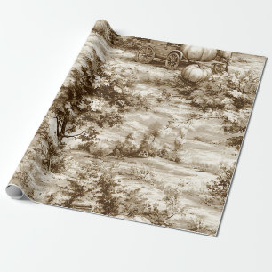 Sepia Farmhouse Pumpkin Toile Harvest Pattern Wrapping Paper