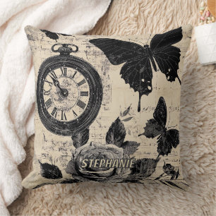 Sepia Floral Butterfly Wanderlust Compass Throw Pillow