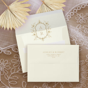 Sepia floral crest monogram vintage ivory wedding envelope