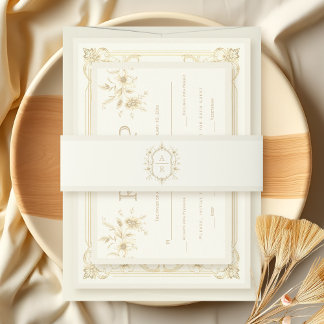 Sepia floral crest with monogram vintage wedding invitation belly band