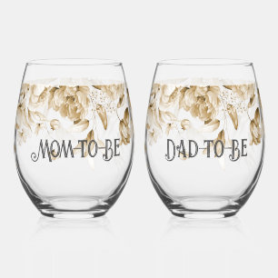 Sepia Floral Drop l Baby Shower Mom & Dad-to-Be Stemless Wine Glass