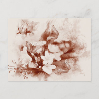 Sepia flowers and butterflies horizontal postcard