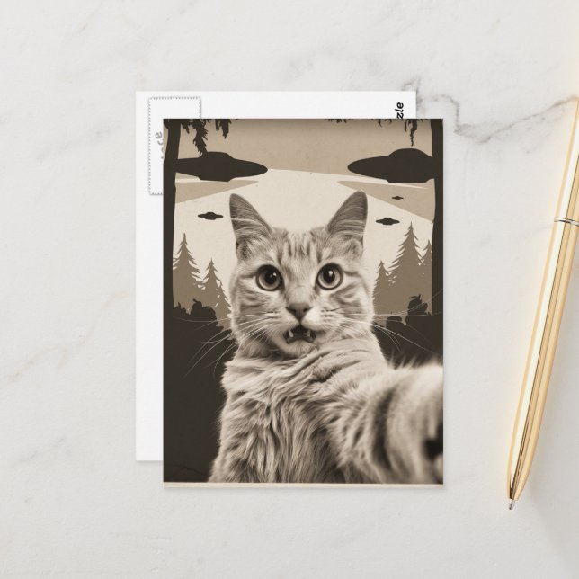 Sepia Funny Kitty and UFOs Postcard (Front/Back In Situ)