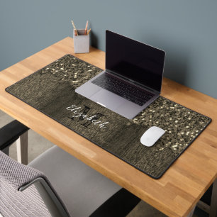 Sepia gold faux sparkles rustic wood Monogram Desk Mat