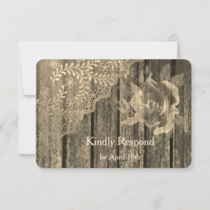 Sepia Gold Wood Lace and Rose Wedding RSVP
