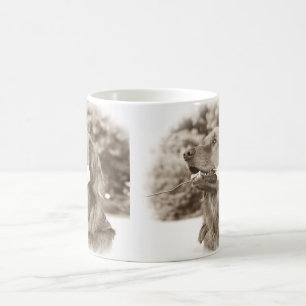 Sepia golden retriever with rose coffee mug