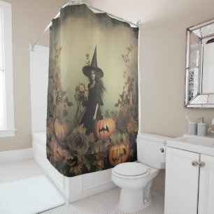 Sepia Gothic Witch with Pumpkins and Autumn Roses