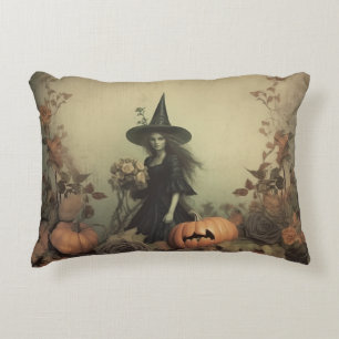Sepia Gothic Witch with Pumpkins and Autumn Roses Accent Pillow