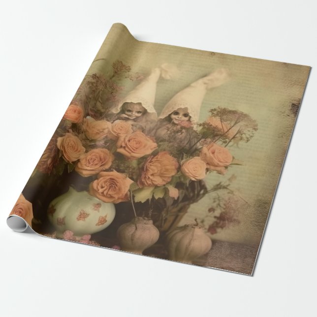 Sepia Gothic Witch with Pumpkins and Autumn Roses Wrapping Paper (Unrolled)