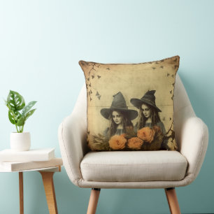 Sepia Gothic Witches Orange Rose Basket Throw Pillow