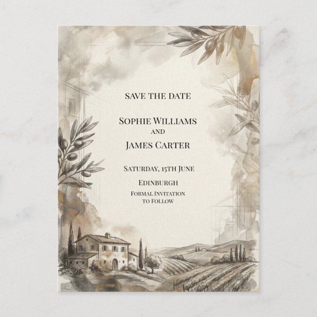 Sepia Highland Arch Sketch Save The Date Postcard (Front)