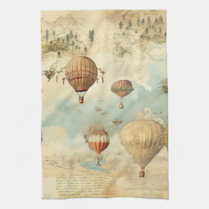 Sepia Hot Air Balloon Antique Map Kitchen Towel