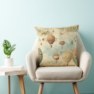 Sepia Hot Air Balloon Antique Map Throw Pillow