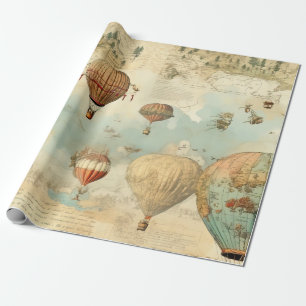 Sepia Hot Air Balloon Antique Map Wrapping Paper