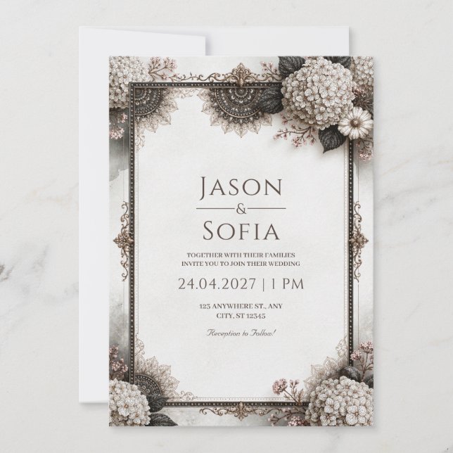 Sepia Hydrangea Filigree Wedding Invitation (Front)