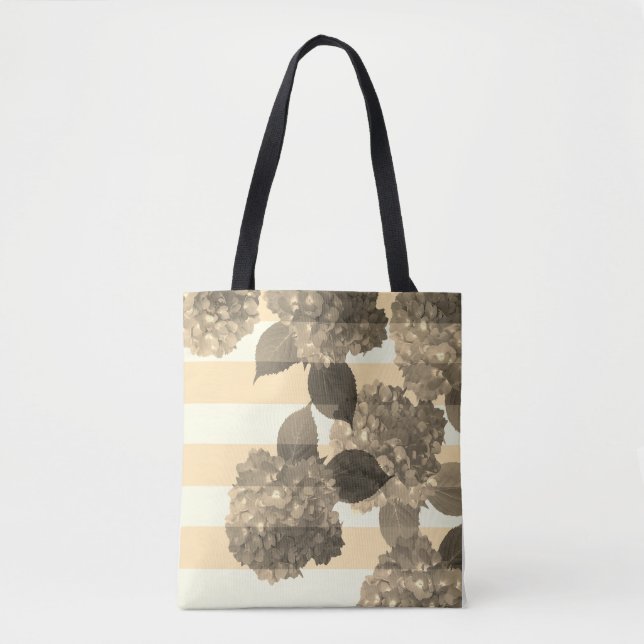 Sepia Hydrangea with Stripes Tote (Front)
