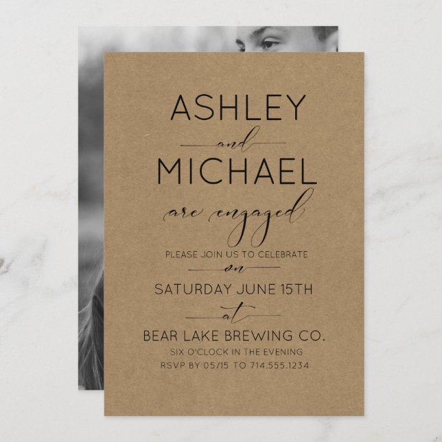 Sepia Kraft Typography Engagement Party Invitation (Front/Back)