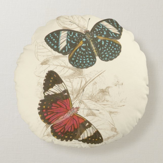 Sepia Leaves with Colourful Butterflies Round Pillow (Front)