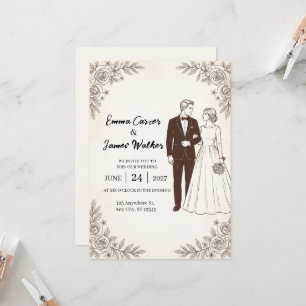 Sepia Line Art Couple Botanical Wedding Invitation