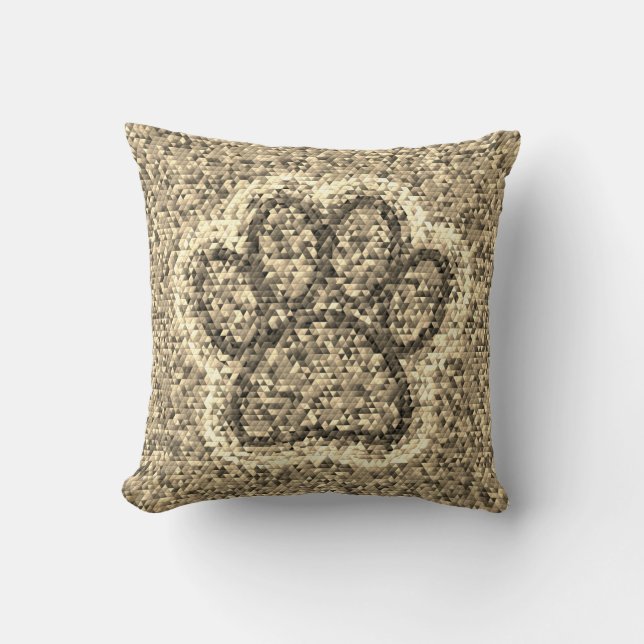 Sepia Low Poly Dog Paw Print Throw Pillow (Front)