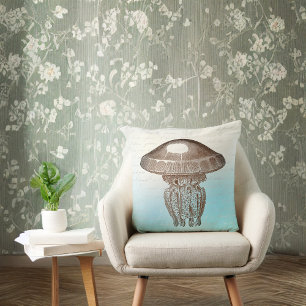 Sepia Man O War on Sky Blue and White with Writing Throw Pillow