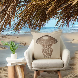 Sepia Man O War on Solid Tan Background Throw Pillow
