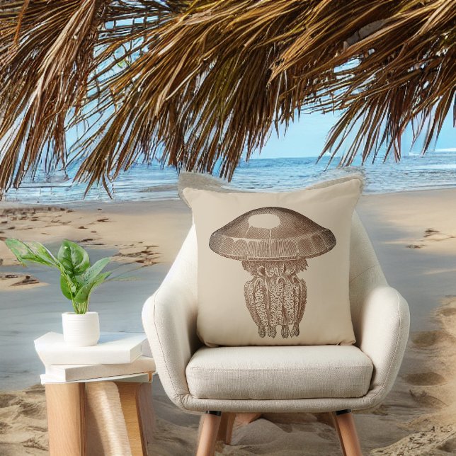 Sepia Man O War on Solid Tan Background Throw Pillow (Creator Uploaded)