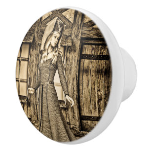 Sepia Medieval Princess Renaissance Art Ceramic Knob