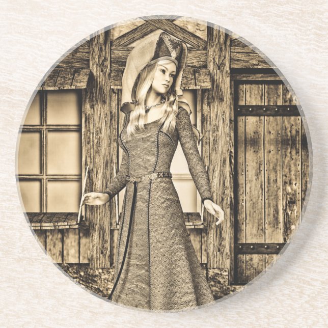 Sepia Medieval Princess Renaissance Art Coaster (Front)