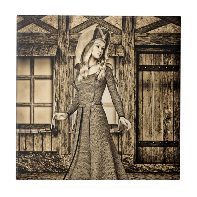 Sepia Medieval Princess Renaissance Art Tile (Front)