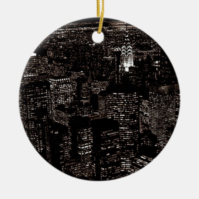 Sepia New York City Night Skyline Ceramic Ornament (Front)