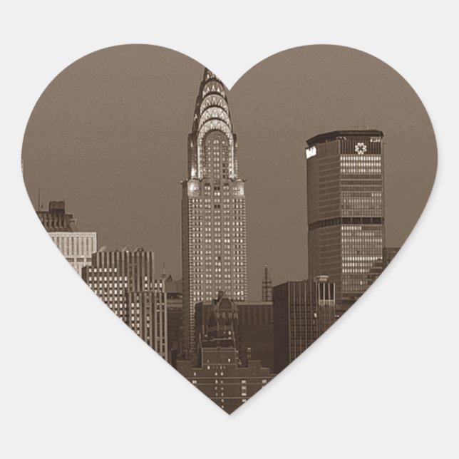 Sepia New York City Skyline Heart Sticker (Front)